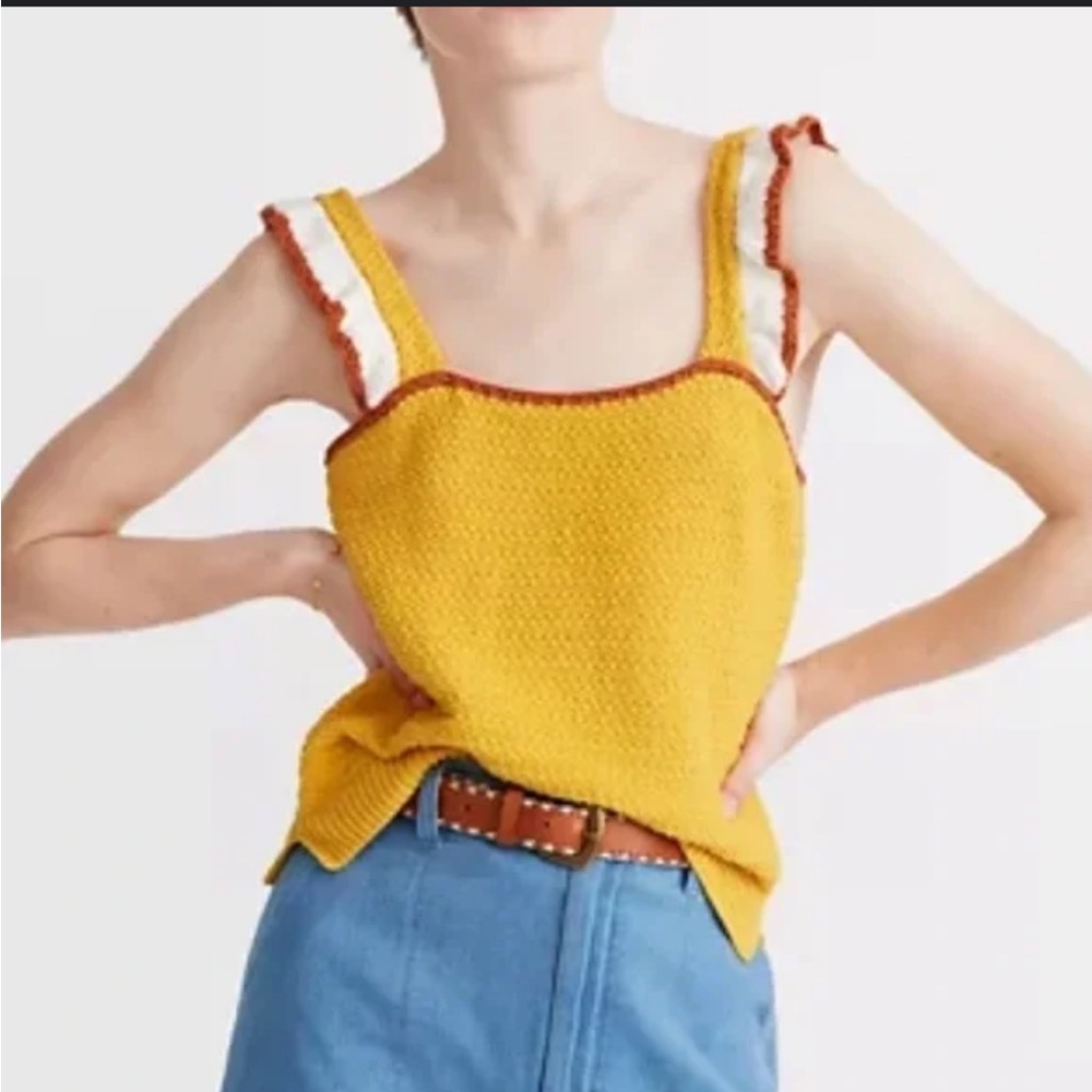 Madewell Colorblock Crocheted Ruffle-Strap Sweater Tank Top Rib Hem Yellow Large